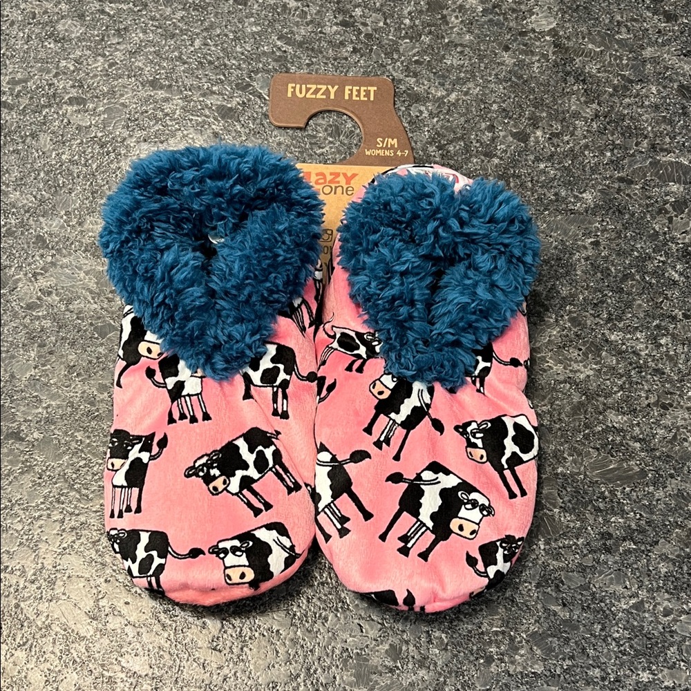 Lazy One Pink Cow Print Slippers with Blue Lining